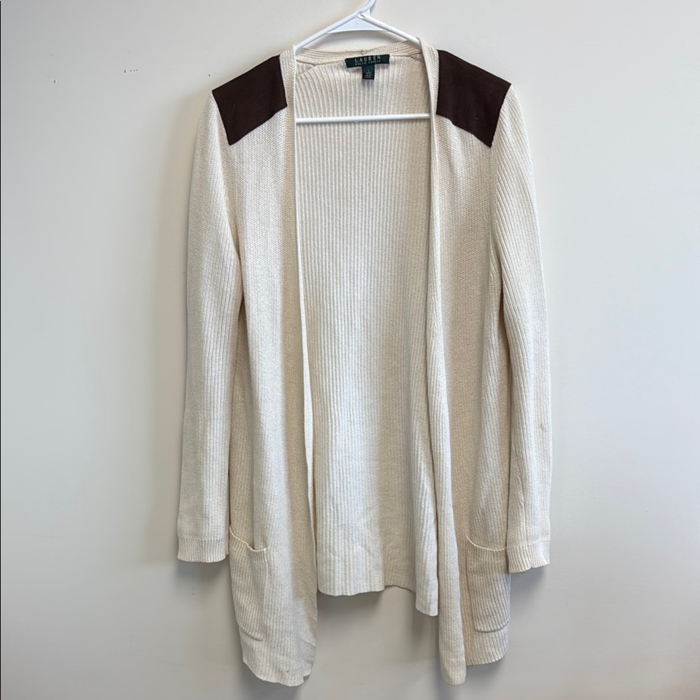 Ralph Lauren Longline Suede Patch Cardigan SZ L